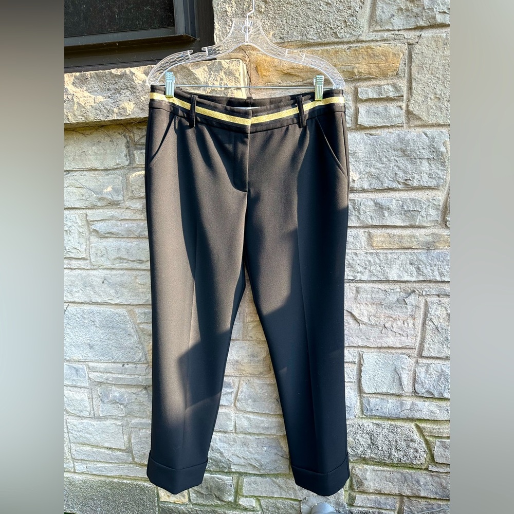 EUC - Black Trina Turk Cuffed Pants with Metallic Gold Trim Waistband - Size 8